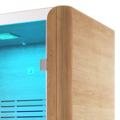 Lue 3 Person Canadian Hemlock Far Infrared Home Sauna with light-oak panels, metal hinge, wooden bench beneath bluish LED light, and ceiling panel, offering relaxation for three with modern infrared technology.