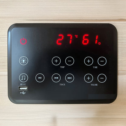 Lue 3 Person Full Spectrum Curved Infrared Indoor Home Sauna control panel with red LED display, touch buttons for temperature, time, volume, lighting, audio, track controls, and USB port on light wood.