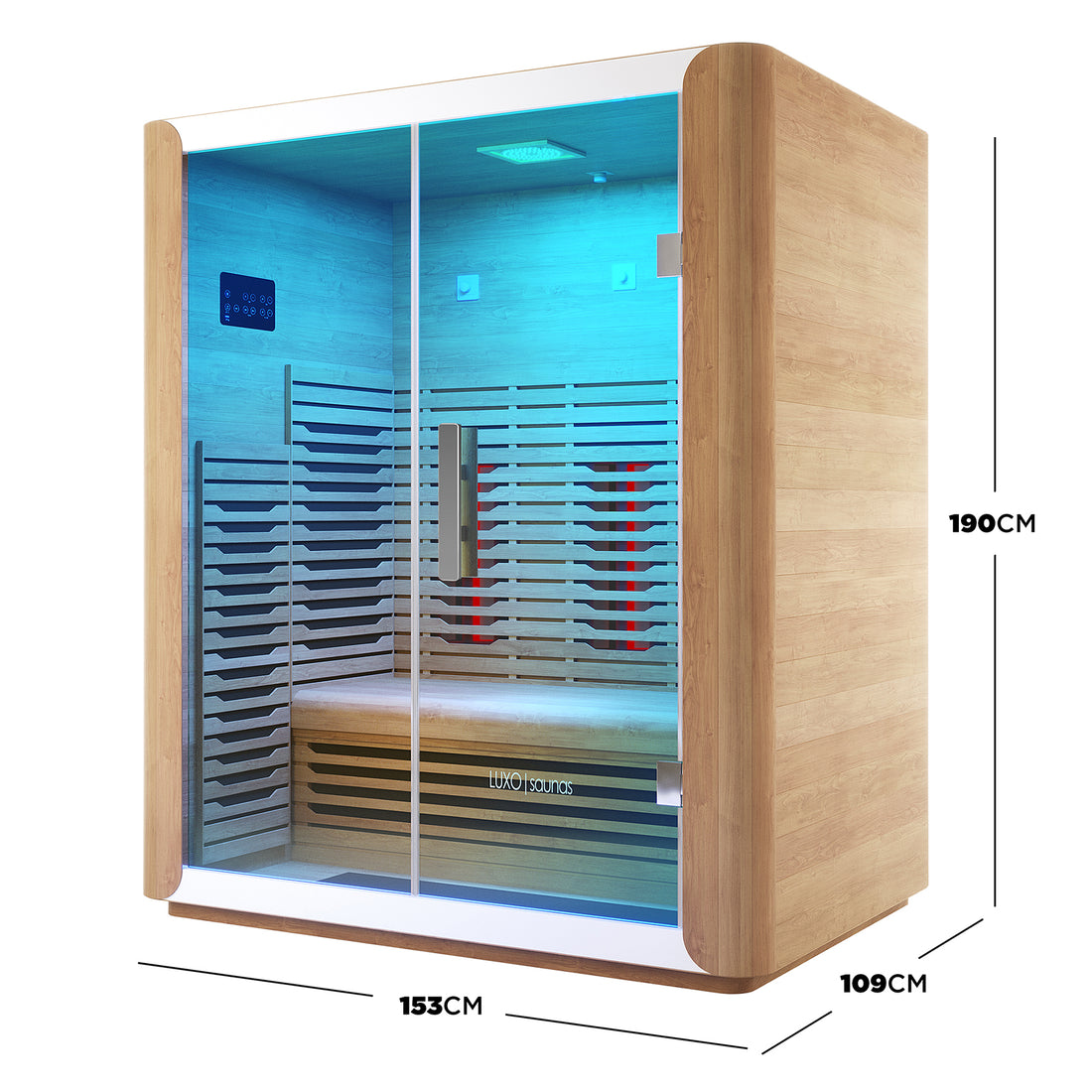 Lue 3 Person Full Spectrum Curved Infrared Indoor Home Sauna, featuring light-toned wood, tempered-glass door, interior bench, digital control panel, infrared heaters, and ceiling LED panel for mood lighting.