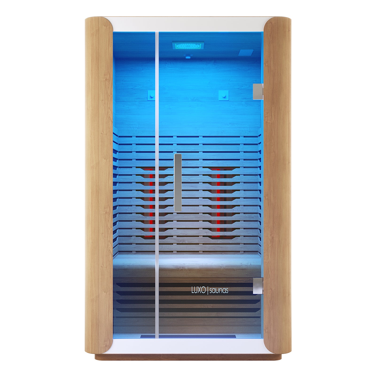 Lue 2 Person Full Spectrum Curved Infrared Indoor Home Sauna with a light-wood frame, full-height glass door, glowing infrared panels, slatted bench, and cool-blue LED lighting, featuring Luxo | saunas branding.