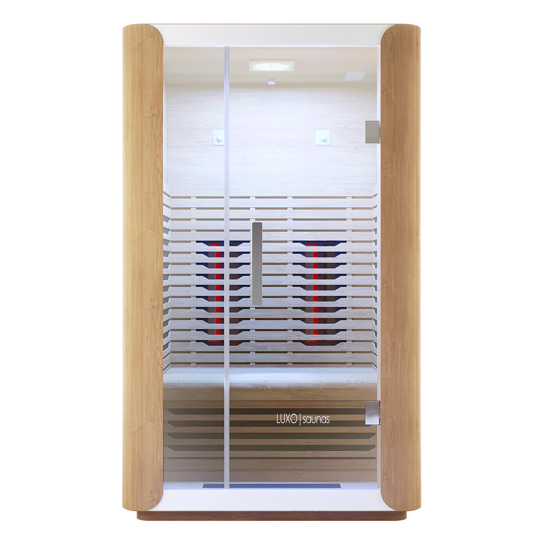 Lue 2 Person Full Spectrum Curved Infrared Indoor Home Sauna with light wood panels, glass door, infrared heaters, LED lighting, bench seating, and stainless steel handle, creating a modern relaxation space.
