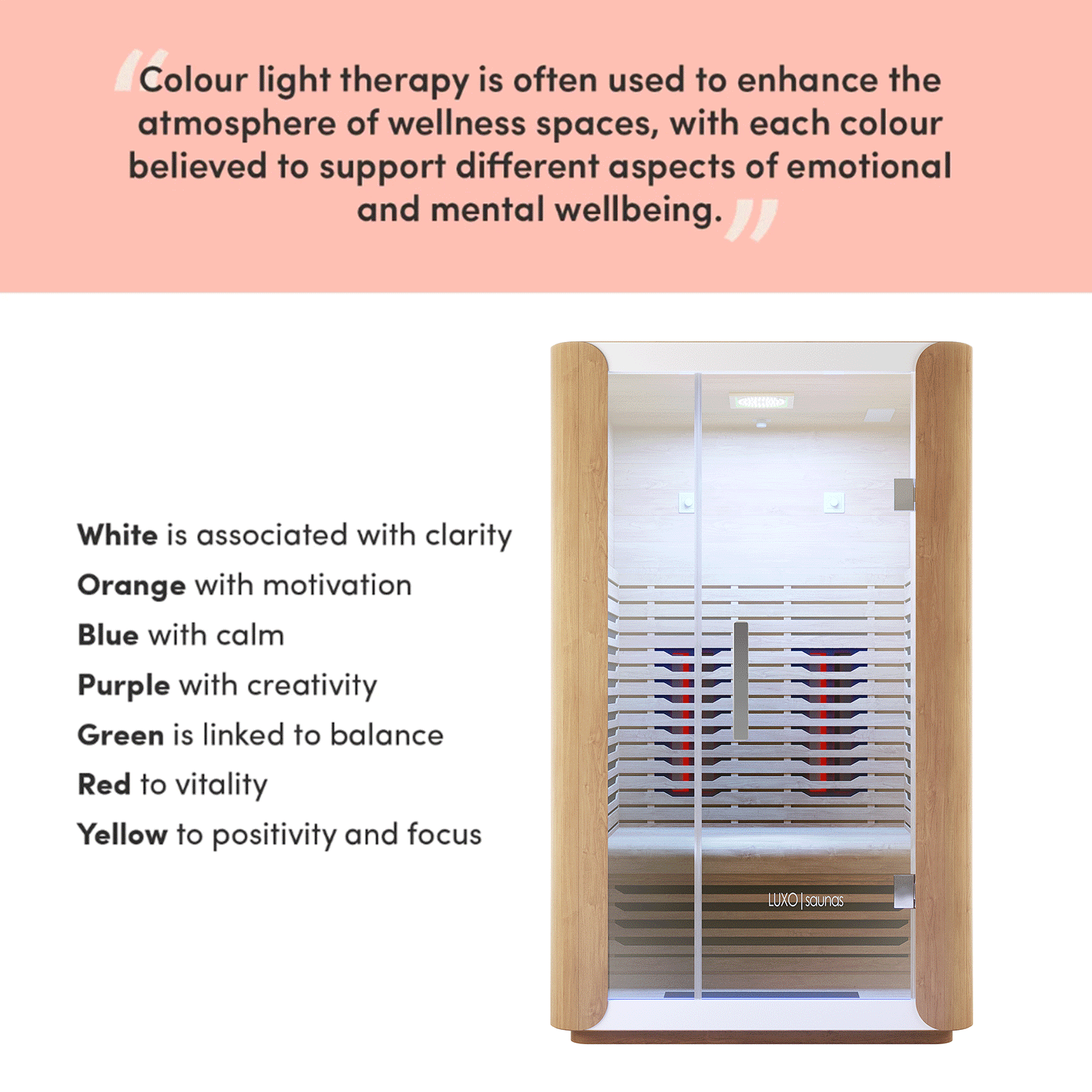 Lue 2 Person Canadian Hemlock Far Infrared Home Sauna with glass front, LED lighting, and wooden construction. Features include a tempered glass door, easy touch control panel, and comfortable seating for two.