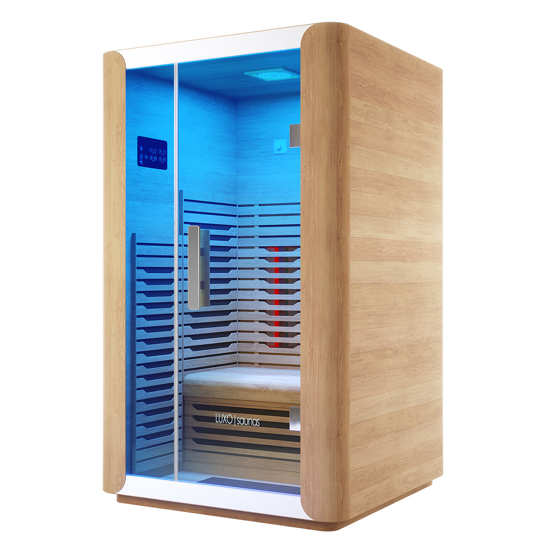 Lue 2 Person Full Spectrum Curved Infrared Indoor Home Sauna, a wooden cabin with glass door, interior bench, infrared heater panels, LED control pad, designed for relaxation and comfort for two.