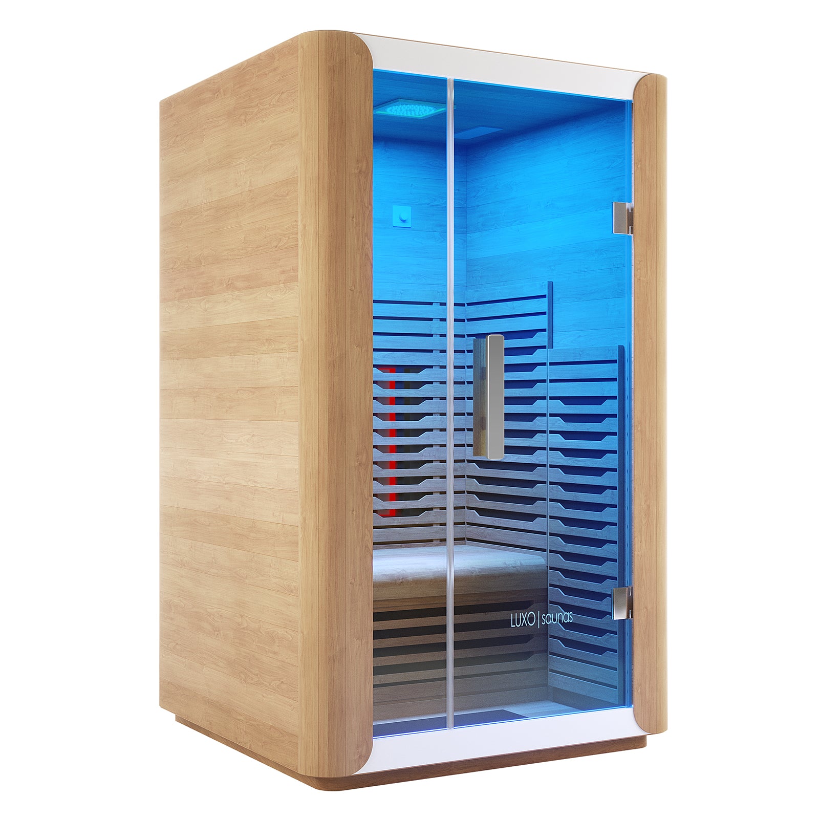 Lue 2 Person Full Spectrum Curved Infrared Indoor Home Sauna features a light wood exterior, tempered glass front, built-in bench, and glowing blue interior lighting, branded LUXO saunas.