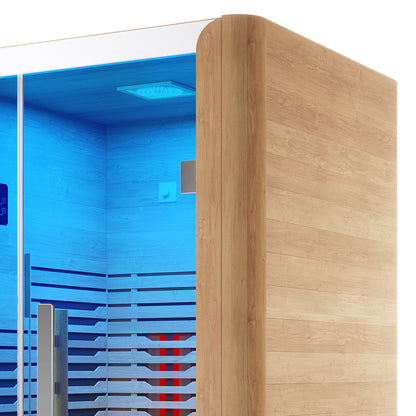 Lue 2 Person Full Spectrum Curved Infrared Indoor Home Sauna featuring smooth wooden panels, a glass door with a vertical handle, slatted benches, LED lighting, and vertical infrared heating panels.