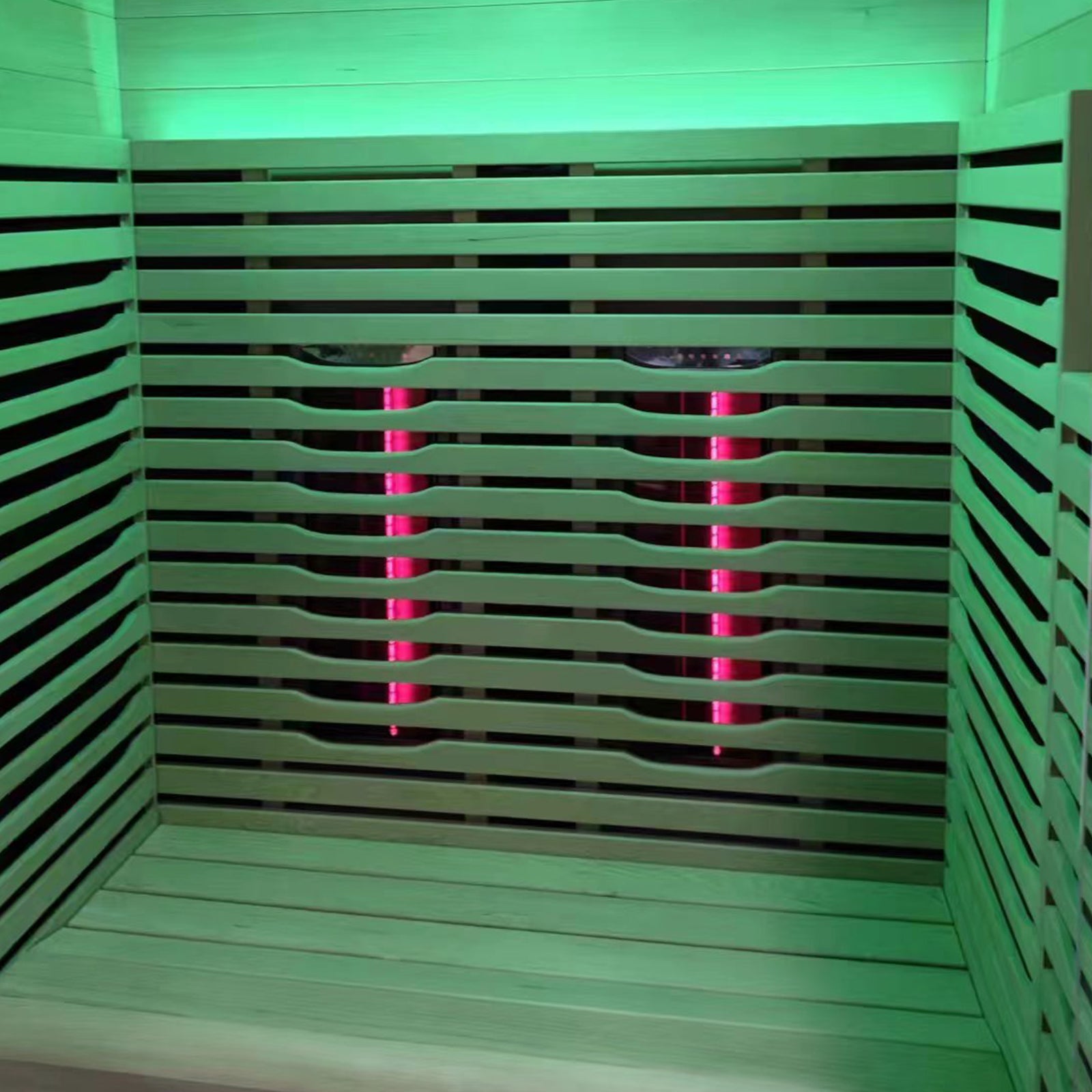 Lue 2 Person Full Spectrum Curved Infrared Indoor Home Sauna with slatted wooden interior, bench seating, glowing infrared tubes, and ambient LED lighting for a relaxing home experience.