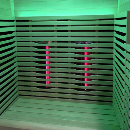 Lue 2 Person Full Spectrum Curved Infrared Indoor Home Sauna with slatted wooden interior, bench seating, glowing infrared tubes, and ambient LED lighting for a relaxing home experience.