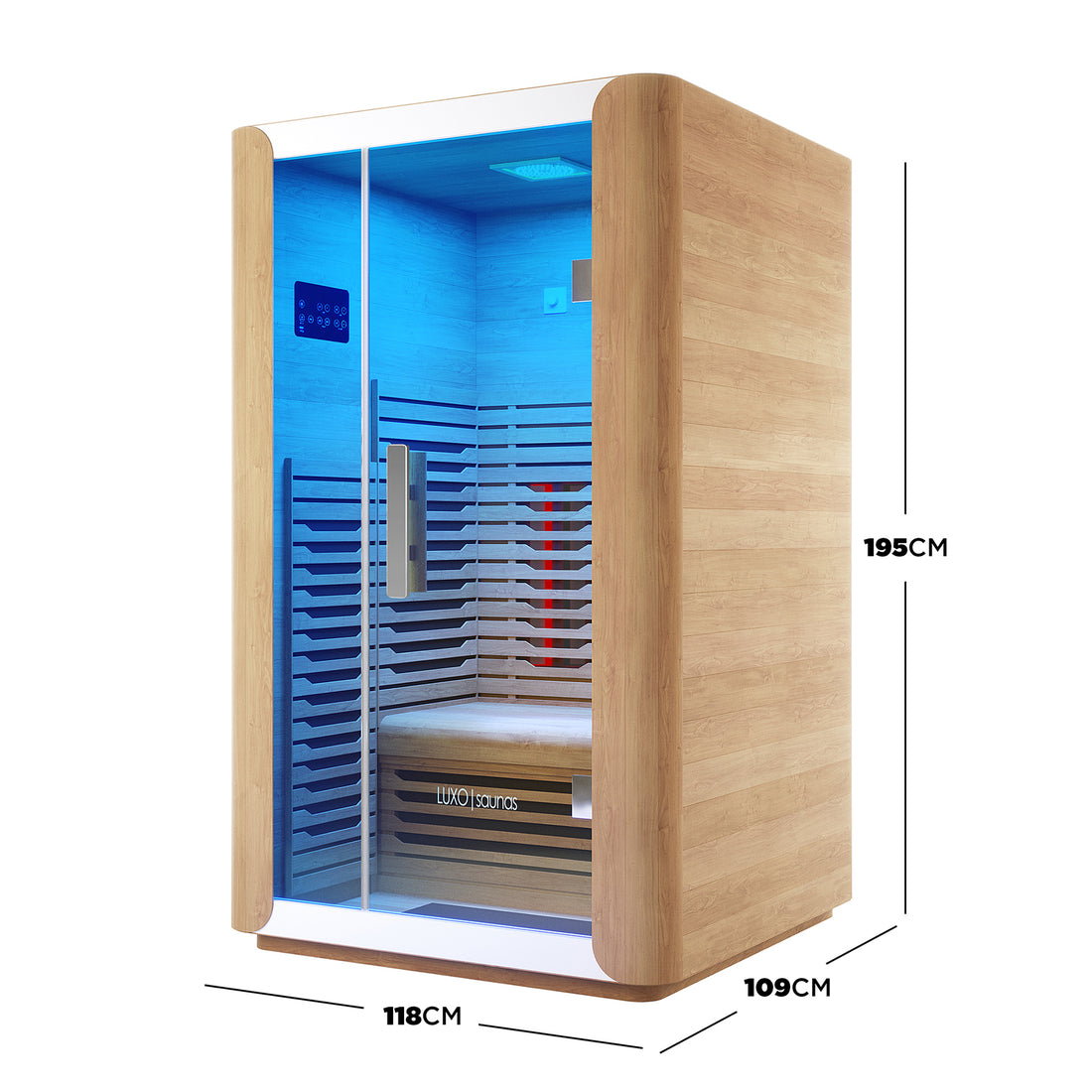 Lue 2 Person Full Spectrum Curved Infrared Indoor Home Sauna: Freestanding wooden sauna with glass front, interior bench, blue LED lights, touchscreen control panel, and compact dimensions, ideal for home relaxation.