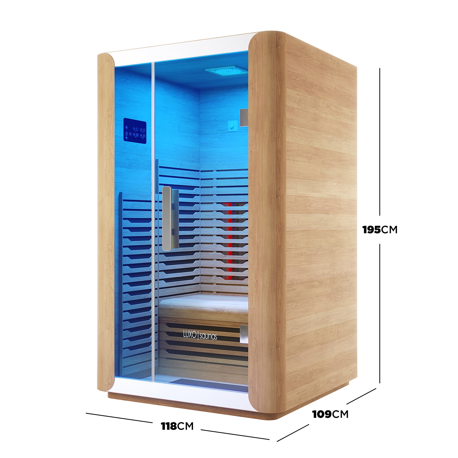 Lue 2 Person Full Spectrum Curved Infrared Indoor Home Sauna: Freestanding wooden sauna with glass front, interior bench, blue LED lights, touchscreen control panel, and compact dimensions, ideal for home relaxation.