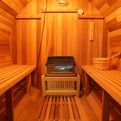 Close-up of the Luola 4-Person Red Cedar Outdoor Barrel Sauna with 8kW Heater, highlighting its sturdy red cedar construction and unique barrel design, perfect for outdoor wellness and relaxation.