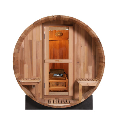 Luola 4-Person Red Cedar Outdoor Barrel Sauna with 8kW Heater, featuring a wooden barrel design with a door, highlighting its craftsmanship and luxury for backyard relaxation.