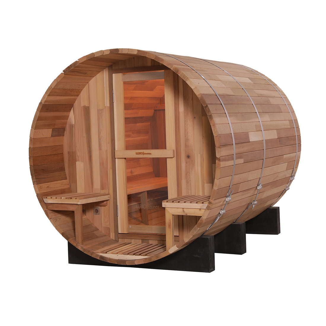 Luola 4-Person Red Cedar Outdoor Barrel Sauna with 8kW Heater featuring a wooden barrel structure with a door and window, showcasing luxurious design and craftsmanship for backyard wellness and relaxation.