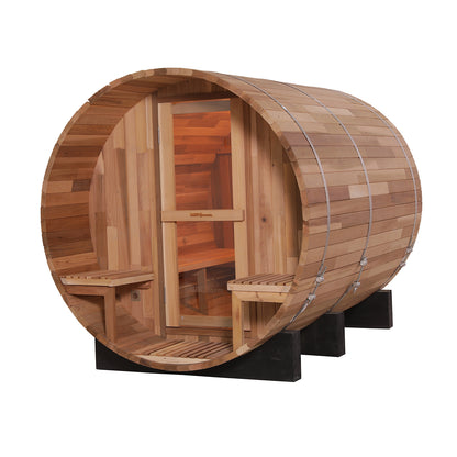 Luola 4-Person Red Cedar Outdoor Barrel Sauna with 8kW Heater featuring a wooden barrel structure with a door and window, showcasing luxurious design and craftsmanship for backyard wellness and relaxation.