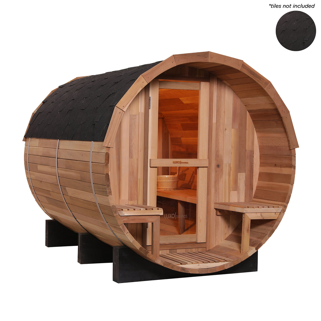 Luola 4-Person Red Cedar Outdoor Barrel Sauna with 8kW Heater featuring a wooden barrel design with a door and bench, highlighting its spaciousness and craftsmanship for home wellness and relaxation.