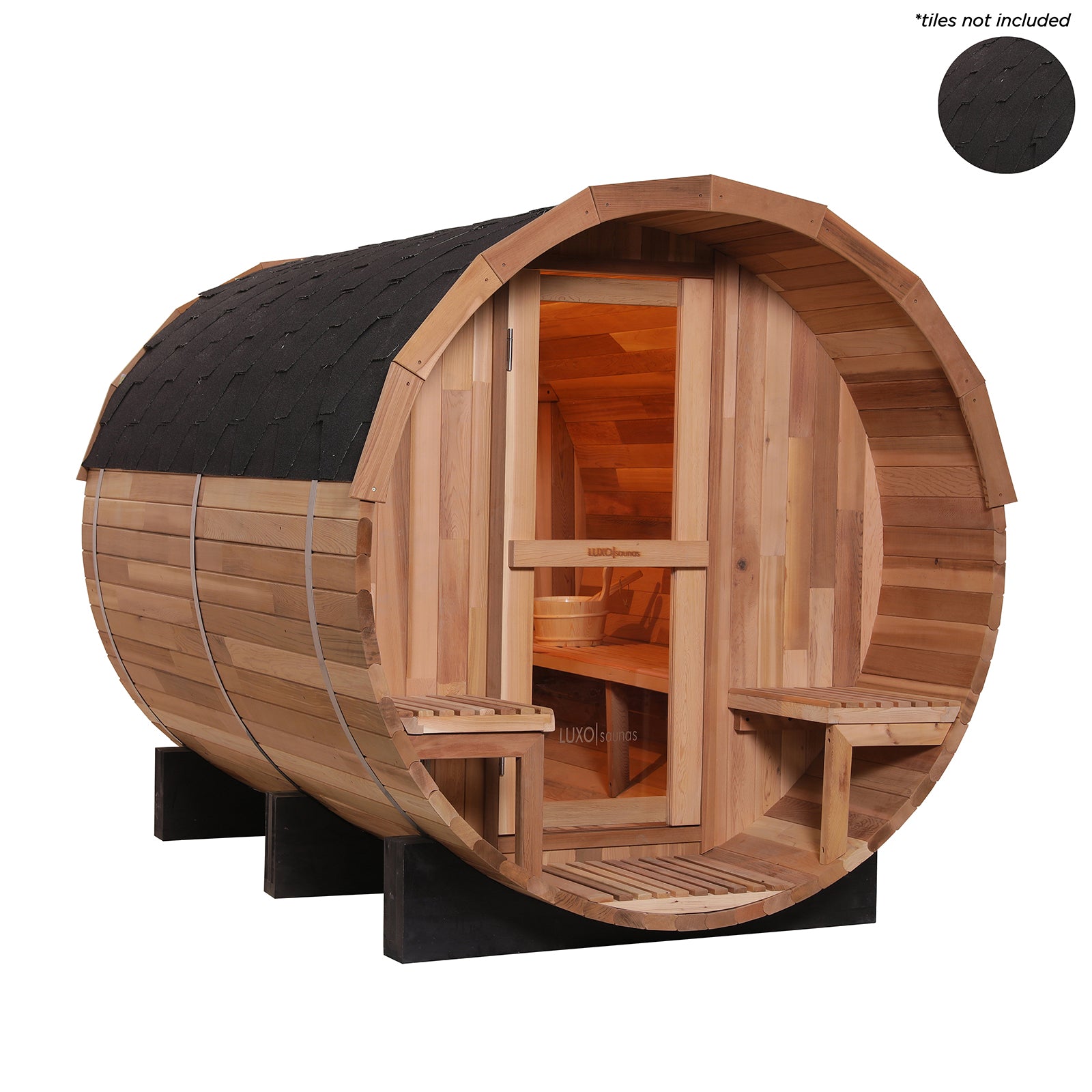 Luola 4-Person Red Cedar Outdoor Barrel Sauna with 8kW Heater featuring a wooden barrel design with a door and bench, highlighting its spaciousness and craftsmanship for home wellness and relaxation.