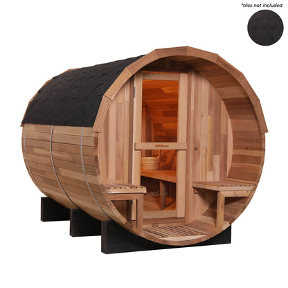 Luola 4-Person Red Cedar Outdoor Barrel Sauna with 8kW Heater featuring a wooden barrel design with a door and bench, highlighting its spaciousness and craftsmanship for home wellness and relaxation.