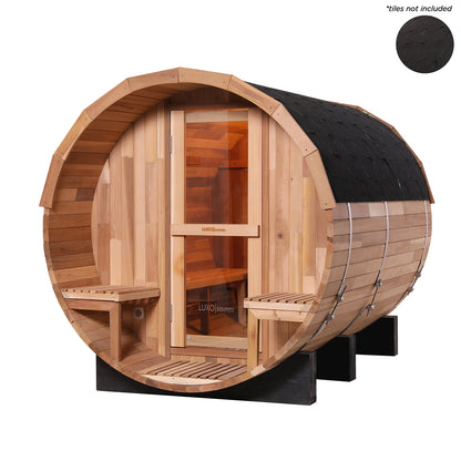 Close-up of the Luola 4-Person Red Cedar Outdoor Barrel Sauna with 8kW Heater, showcasing its wooden barrel design with a door, window, and sturdy bench for relaxation and wellness in your backyard.
