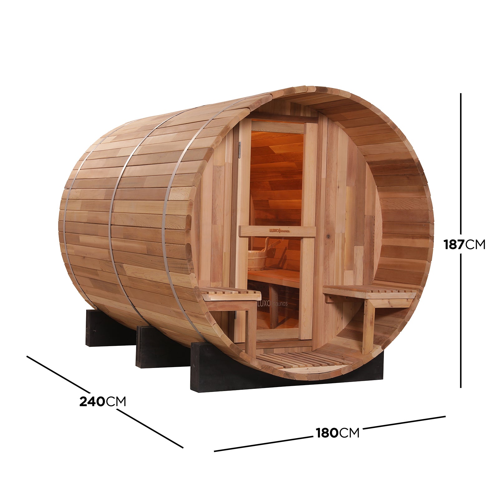 Luola 4-Person Red Cedar Outdoor Barrel Sauna with 8kW Heater, featuring a wooden barrel shape, door, and interior bench, offering a luxurious, spacious design for backyard relaxation.
