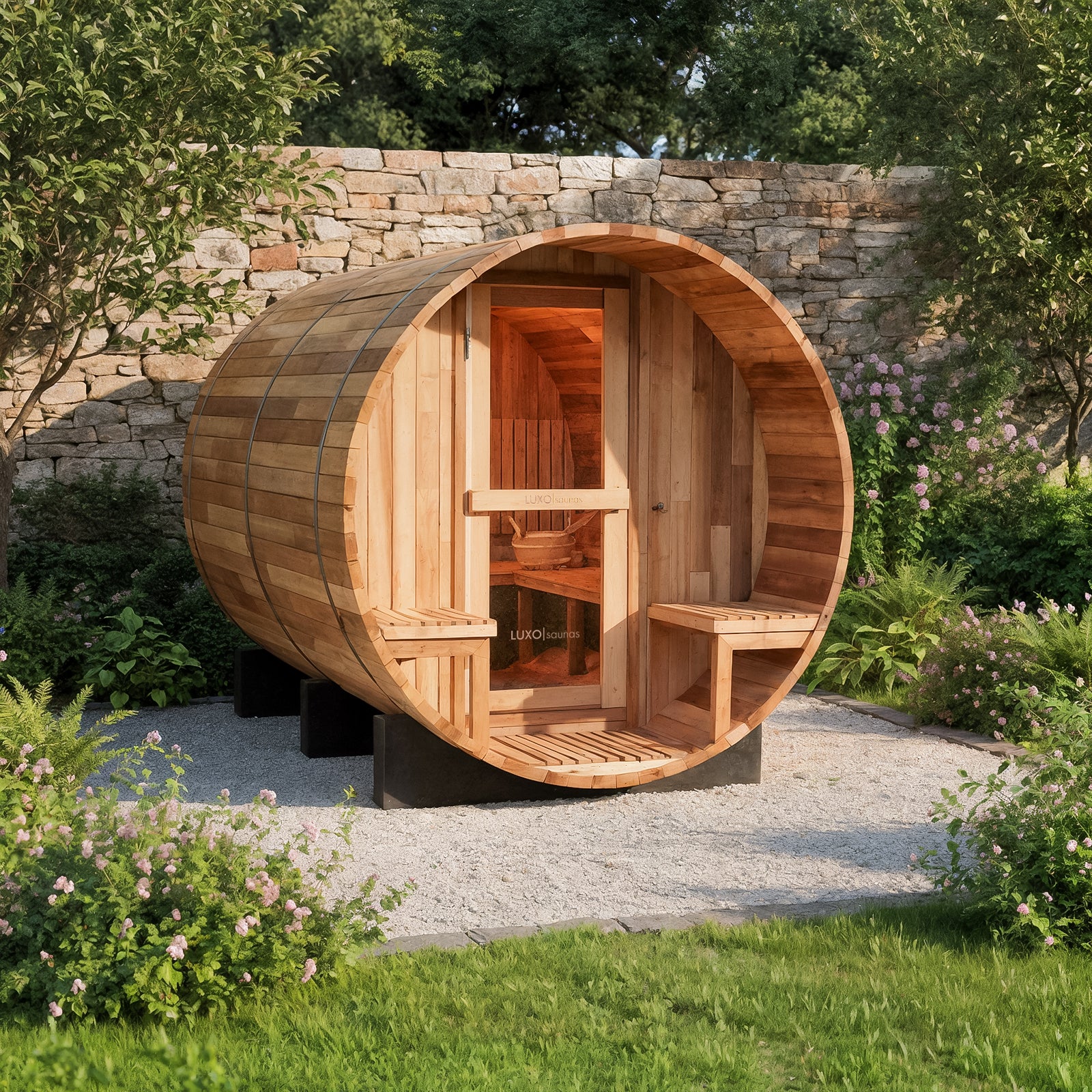 Luola 4 Person Red Cedar Outdoor Barrel Sauna & Harvia Stove in a garden, featuring a wood construction, glass-paneled door, built-in benches, and set on black supports amid landscaped surroundings.