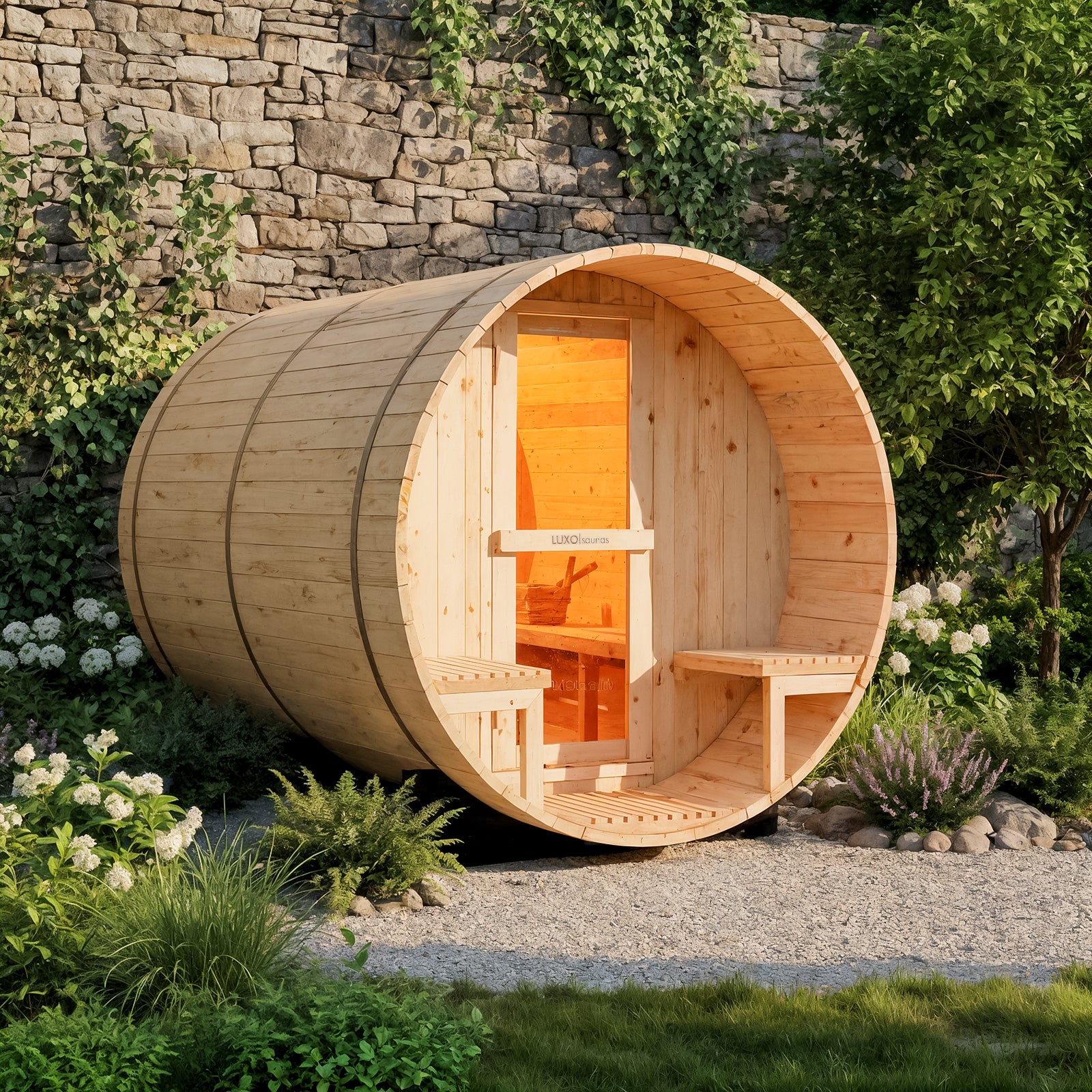 Luola 4-Person Pine Outdoor Barrel Sauna & Harvia Stove nestled in a garden, featuring a wooden barrel shape, glass door, interior benches, and sauna bucket, set on a gravel pad.