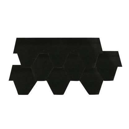 Luola 4-Person Barrel Sauna Roof Tiles – Asphalt (100 Pack); close-up of black hexagon-shaped asphalt tiles designed for weather protection and durability, enhancing the longevity of your outdoor sauna.