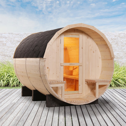 Luola 4-Person Barrel Sauna Roof Tiles – Asphalt (100 Pack) displayed with a focus on the durable asphalt material, ideal for protecting outdoor saunas from weather elements, shown on wooden decking.