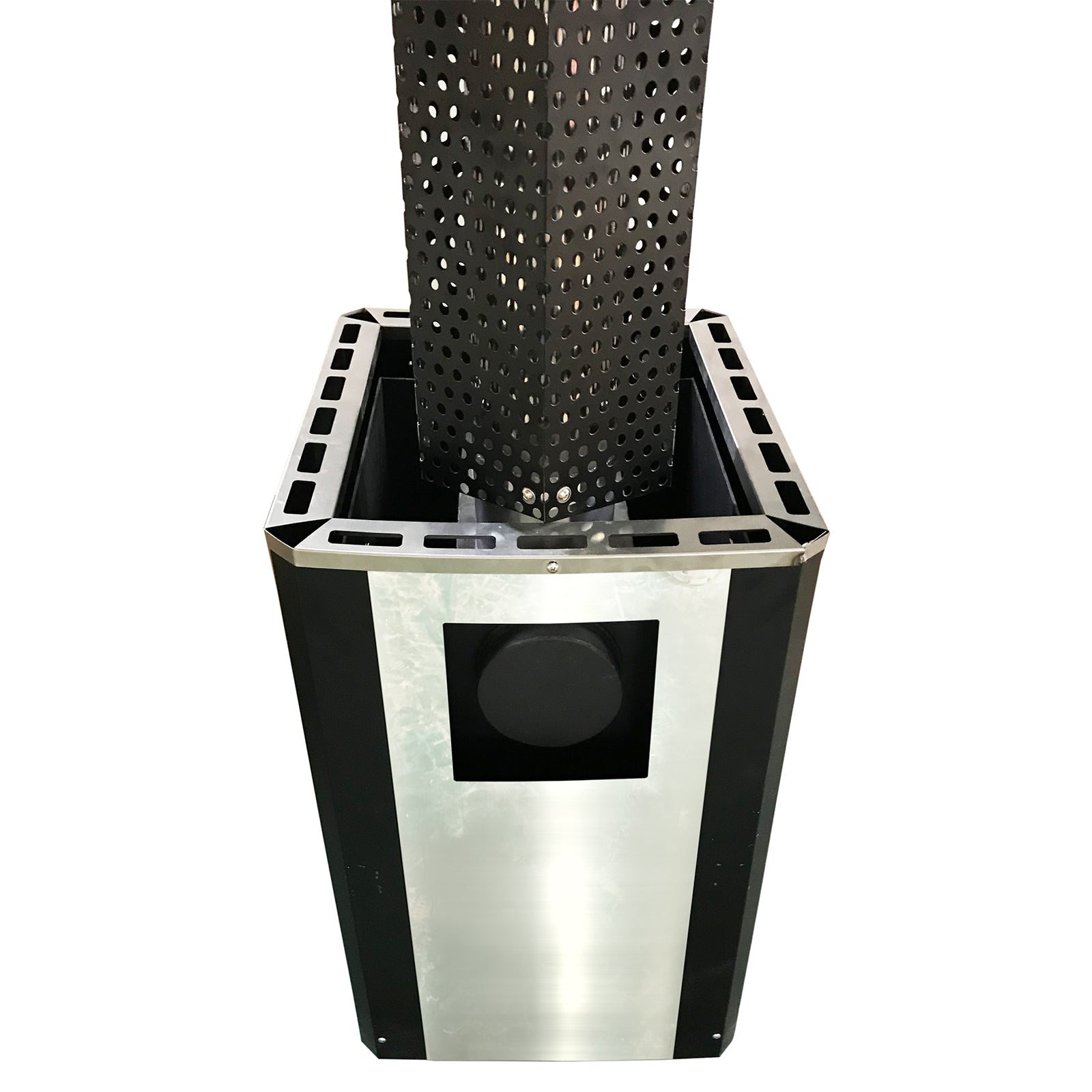 Luola 4-Person Red Cedar Barrel Sauna with Wood Stove, featuring a black metal surface with holes and a black and silver rectangular object, designed for luxurious outdoor relaxation and wellness.