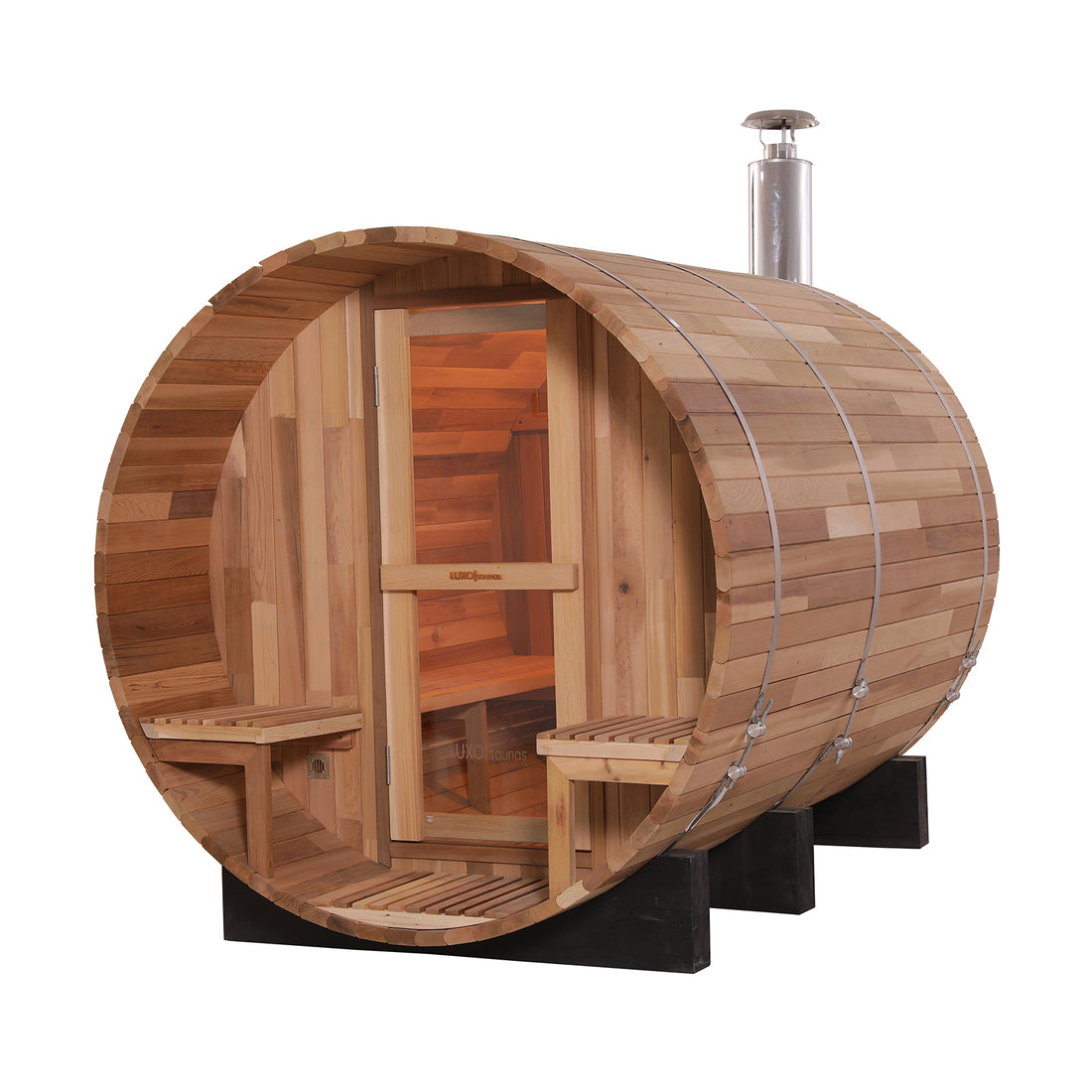 Luola 4-Person Red Cedar Barrel Sauna with Wood Stove, showcasing a wooden barrel design with a door, crafted from durable red cedar, ideal for outdoor relaxation and wellness.