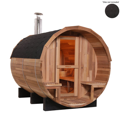 Luola 4-Person Red Cedar Barrel Sauna with Wood Stove, showcasing a wooden structure with benches and a traditional wood-burning stove, emphasizing outdoor relaxation and wellness.