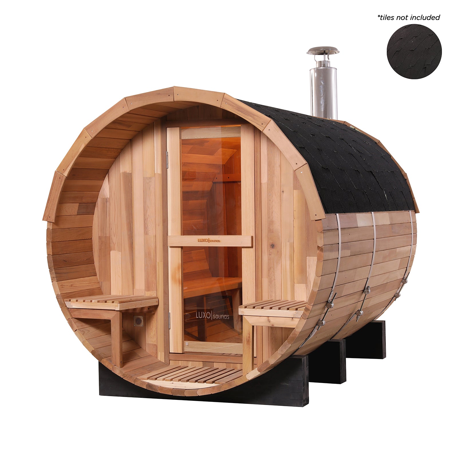 Luola 4-Person Red Cedar Barrel Sauna with Wood Stove features a robust wooden structure with a glass door, showcasing a rustic design ideal for outdoor relaxation and wellness.