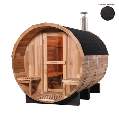 Luola 4-Person Red Cedar Barrel Sauna with Wood Stove features a robust wooden structure with a glass door, showcasing a rustic design ideal for outdoor relaxation and wellness.