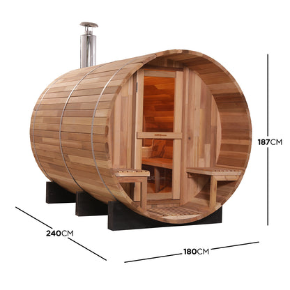Luola 4-Person Red Cedar Barrel Sauna with Wood Stove, featuring a wooden barrel design and silver stove dispenser, ideal for outdoor relaxation and wellness.