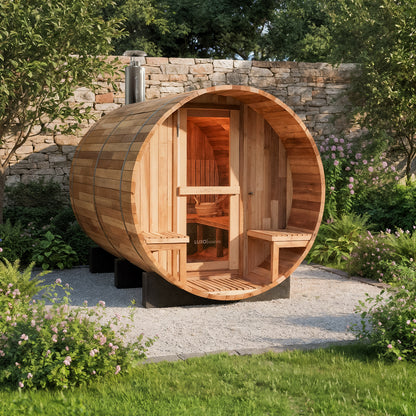 Luola 4 Person Red Cedar Outdoor Barrel Sauna with Wood Stove on a gravel pad in a garden, featuring a wooden barrel design, glass-paneled door, chimney, and landscaped surroundings.