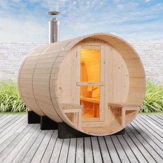 Luola 4 Person Outdoor Barrel Sauna - Pine - w/ Wood Burning Stove - Lifestyle