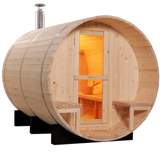 Luola 4 Person Outdoor Barrel Sauna - Pine - w/ Wood Burning Stove