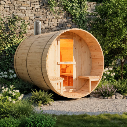 Luola 4-Person Pine Outdoor Barrel Sauna with Wood Stove, featuring a light wood design, glazed door, stainless-steel chimney, and built-in benches, set in a lush garden with stone wall backdrop.