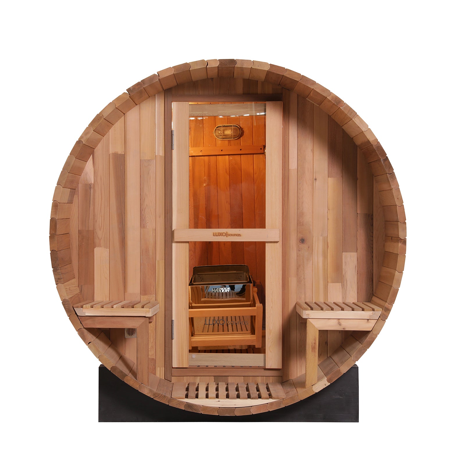 Luola 2-Person Red Cedar Barrel Sauna with Harvia Heater features a wooden barrel design with a door and shelf, highlighting its craftsmanship in luxury woodworking and functionality for outdoor wellness.
