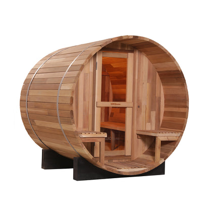 Luola 2-Person Red Cedar Barrel Sauna with Harvia Heater, showcasing a close-up of the wooden bench and door, highlighting its premium red cedar construction and intimate two-person design.