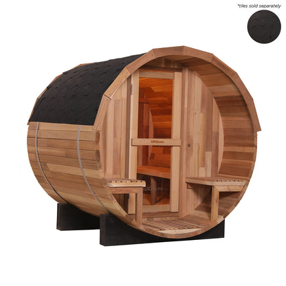 Close-up of the Luola 2-Person Red Cedar Barrel Sauna with Harvia Heater, showcasing its premium red cedar construction, sturdy wooden frame, and compact design ideal for wellness and relaxation in outdoor spaces.