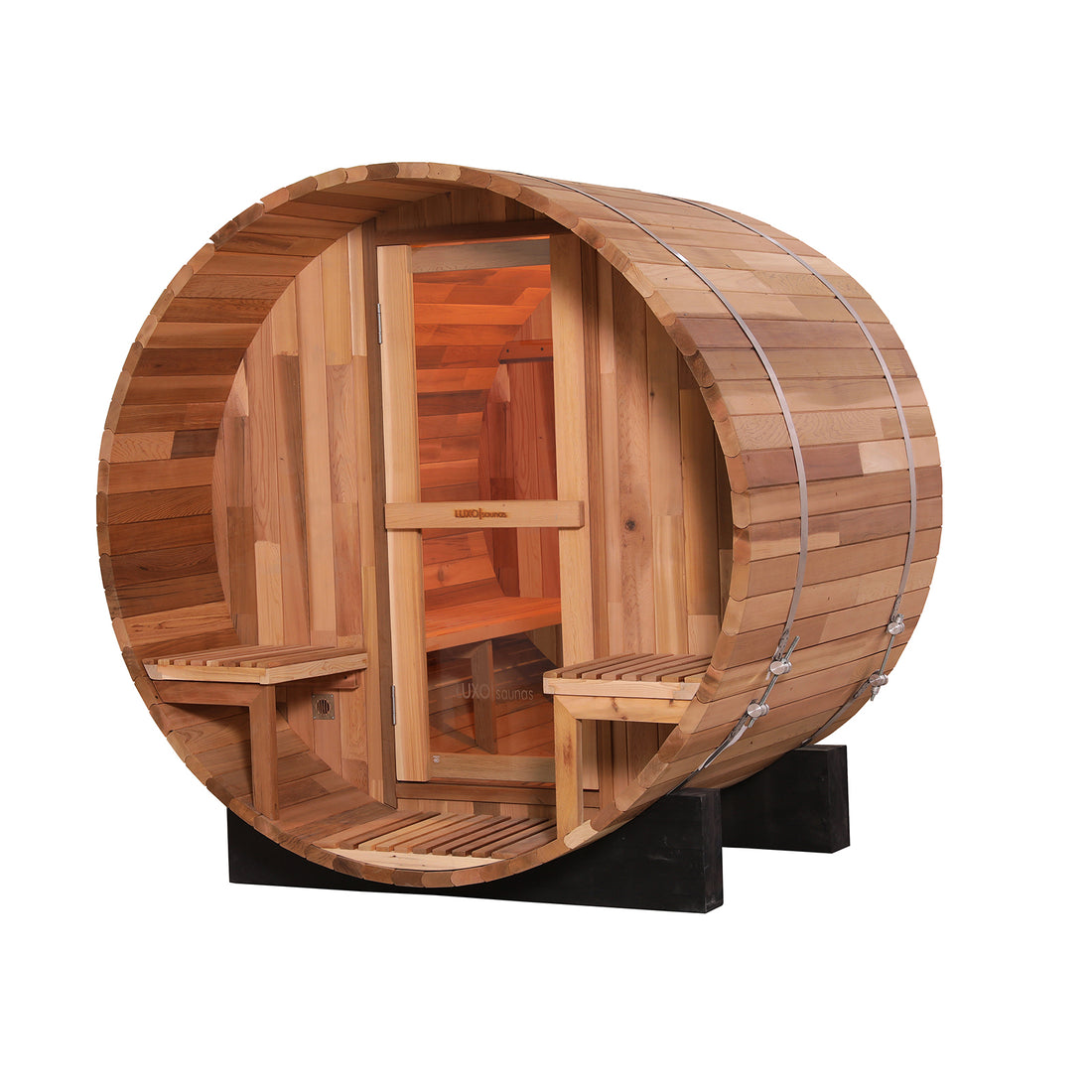 The Luola 2-Person Red Cedar Barrel Sauna with Harvia Heater features a wooden barrel structure with a door, showcasing its Red Cedar craftsmanship and intimate design for outdoor relaxation.