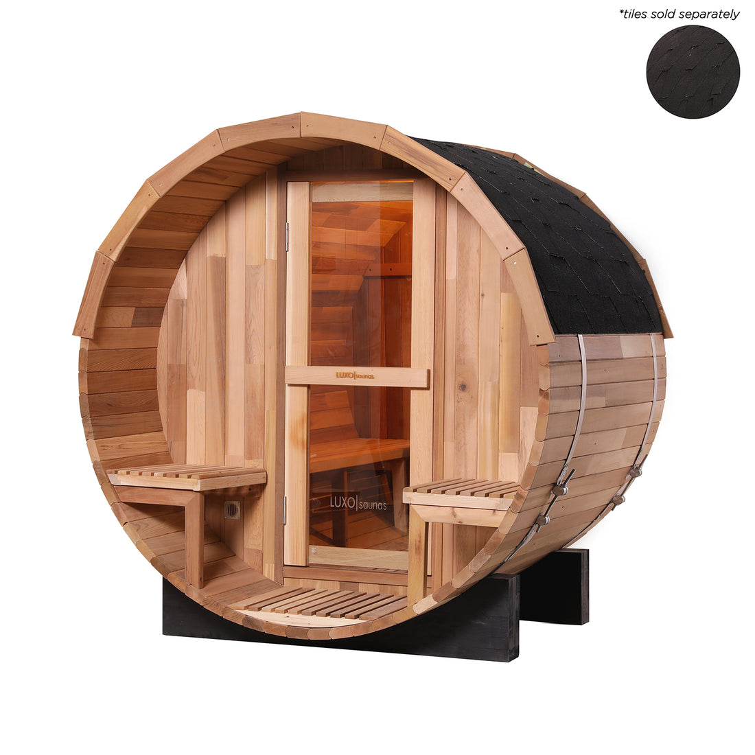 Close-up of the Luola 2-Person Red Cedar Barrel Sauna with Harvia Heater showcasing its wooden bench and premium Red Cedar construction, highlighting its natural durability and elegant design.