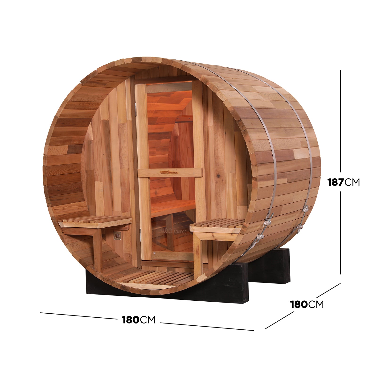 Luola 2-Person Red Cedar Barrel Sauna with Harvia Heater, showcasing a wooden barrel design with a door and bench, crafted from premium red cedar for an intimate, stylish outdoor retreat.