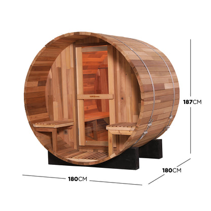 Luola 2-Person Red Cedar Barrel Sauna with Harvia Heater, showcasing a wooden barrel design with a door and bench, crafted from premium red cedar for an intimate, stylish outdoor retreat.
