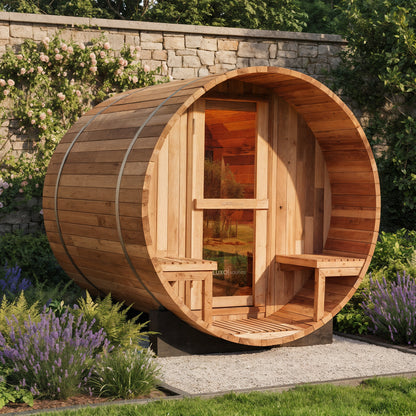 Luola 2 Person Red Cedar Outdoor Barrel Sauna & Harvia Stove in a garden setting, featuring glass-paneled door, built-in bench seats, and metal banding, surrounded by lavender and climbing roses.