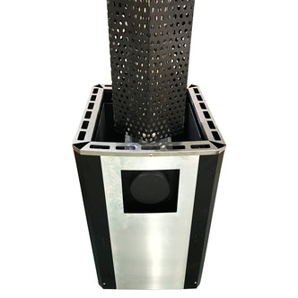 Luola 2-Person Red Cedar Outdoor Barrel Sauna with Wood Stove, featuring a sleek black metal stove and silver accents, offers relaxation and wellness with a durable, weather-resistant design for outdoor use.