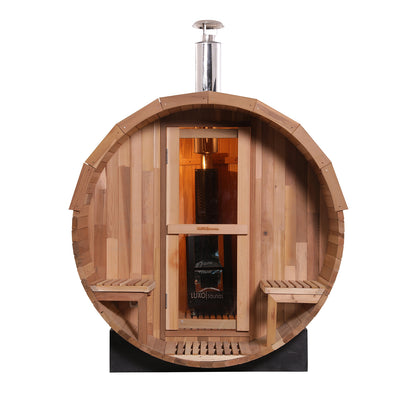 Luola 2-Person Red Cedar Outdoor Barrel Sauna with Wood Stove, featuring a wooden barrel design with a window, highlighting its rustic charm and functionality for backyard wellness and relaxation.