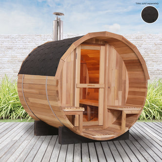Luola 2-Person Red Cedar Outdoor Barrel Sauna with Wood Stove, crafted from red cedar, showcases a wooden barrel shape, ideal for outdoor relaxation and wellness, featuring a wood-burning stove for authentic sauna experiences.