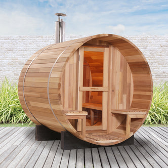 Luola 2-Person Red Cedar Outdoor Barrel Sauna with Wood Stove, featuring a wooden barrel shape and sturdy red cedar construction, designed for outdoor relaxation and wellness.