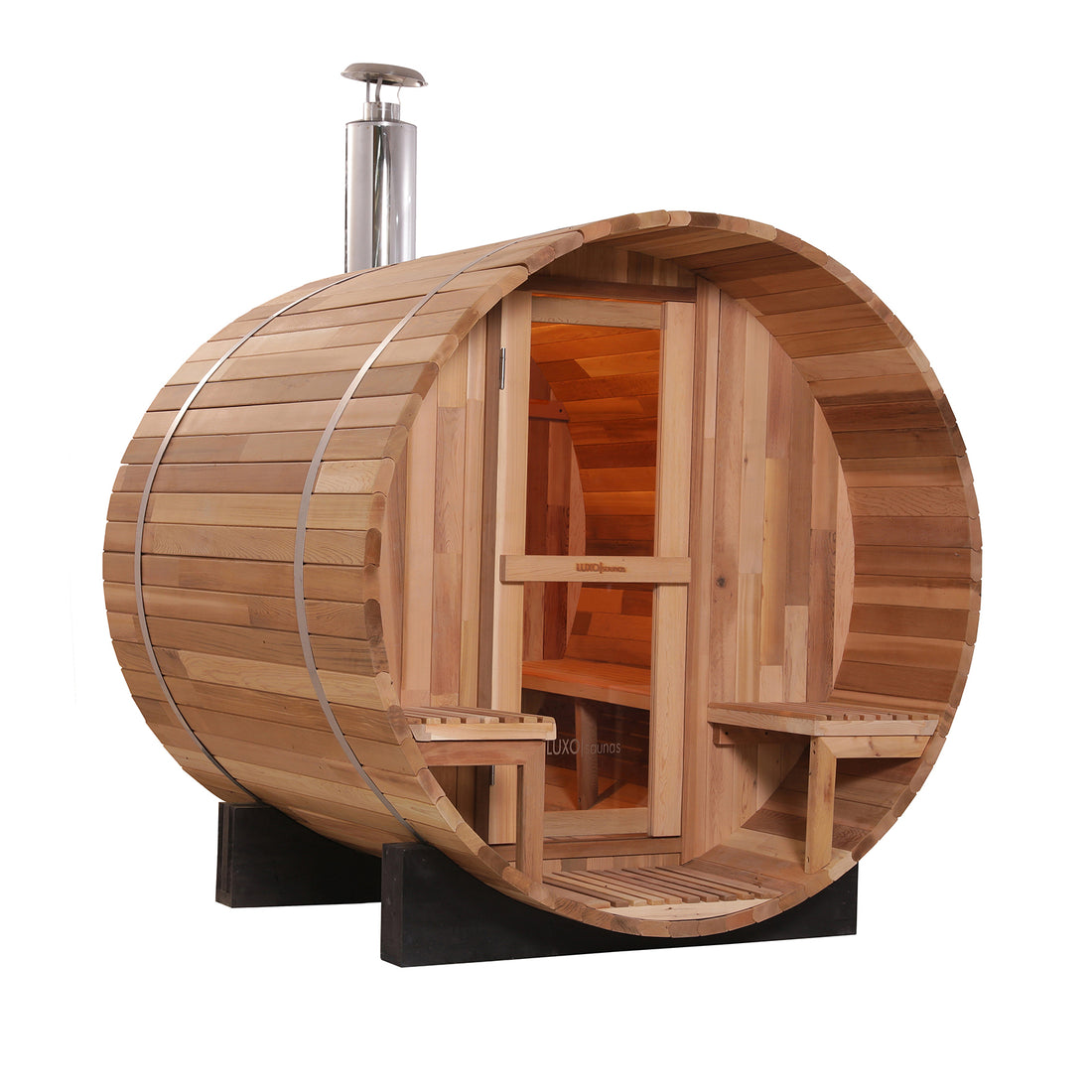 Luola 2-Person Red Cedar Outdoor Barrel Sauna with Wood Stove, showcasing a wooden barrel-shaped sauna and a close-up of a wooden door, complemented by a silver container with a dispenser.