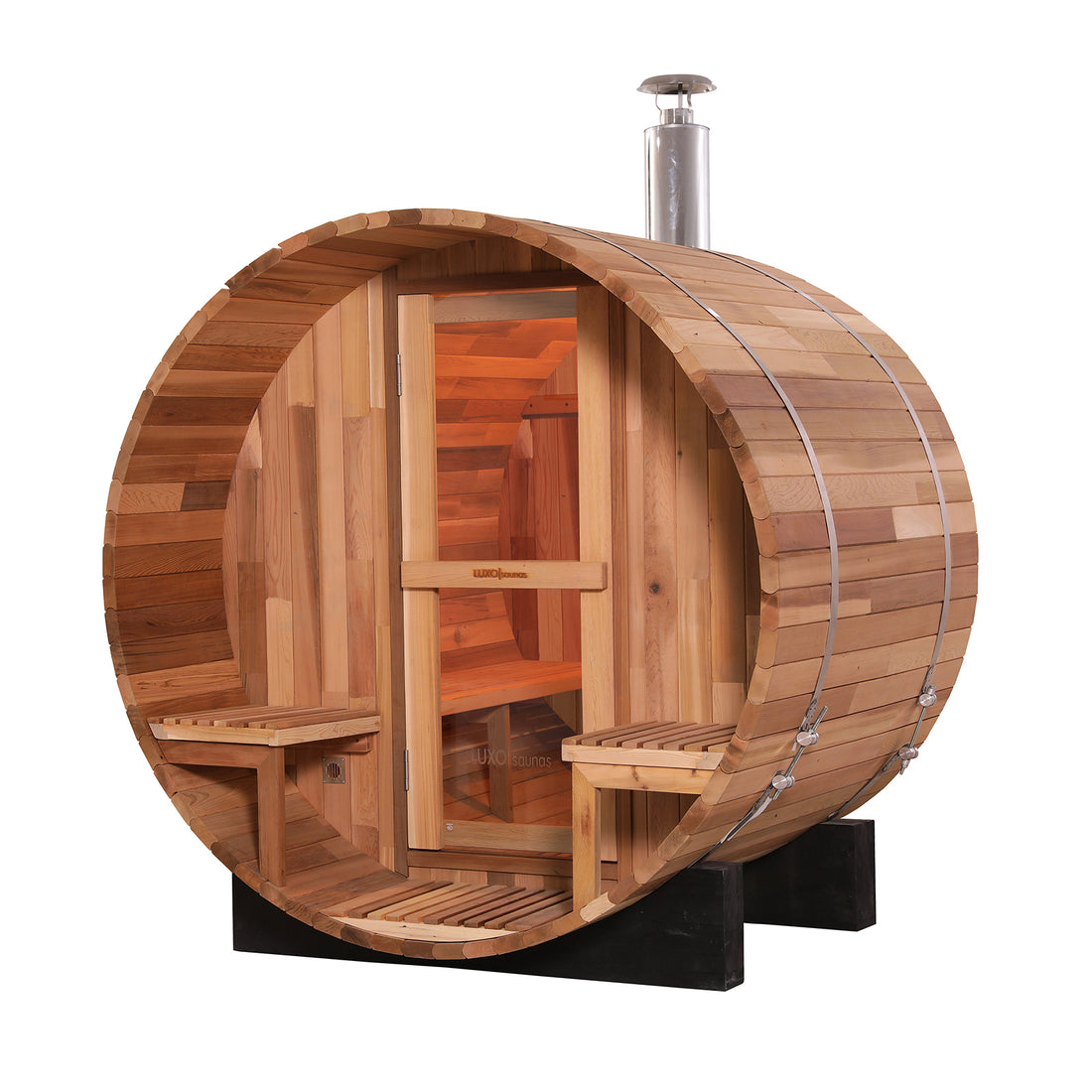 Luola 2-Person Red Cedar Outdoor Barrel Sauna with Wood Stove; wooden barrel shape, wooden benches inside, crafted from red cedar, designed for couples' relaxation in an outdoor setting.